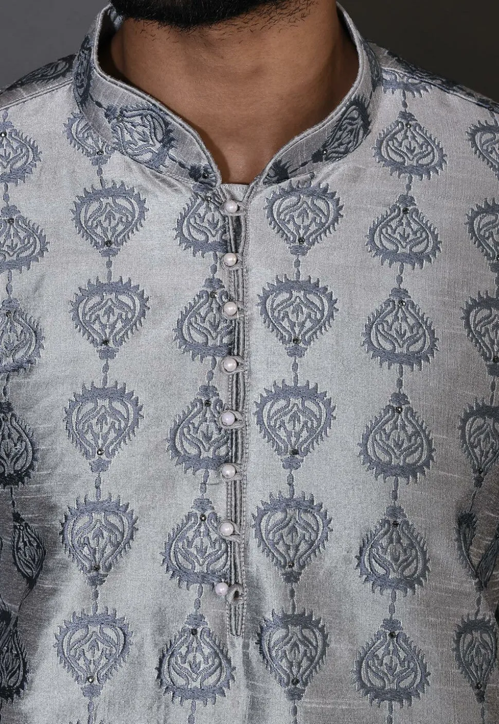 Embroidered Dupion Silk Kurta Set in Grey