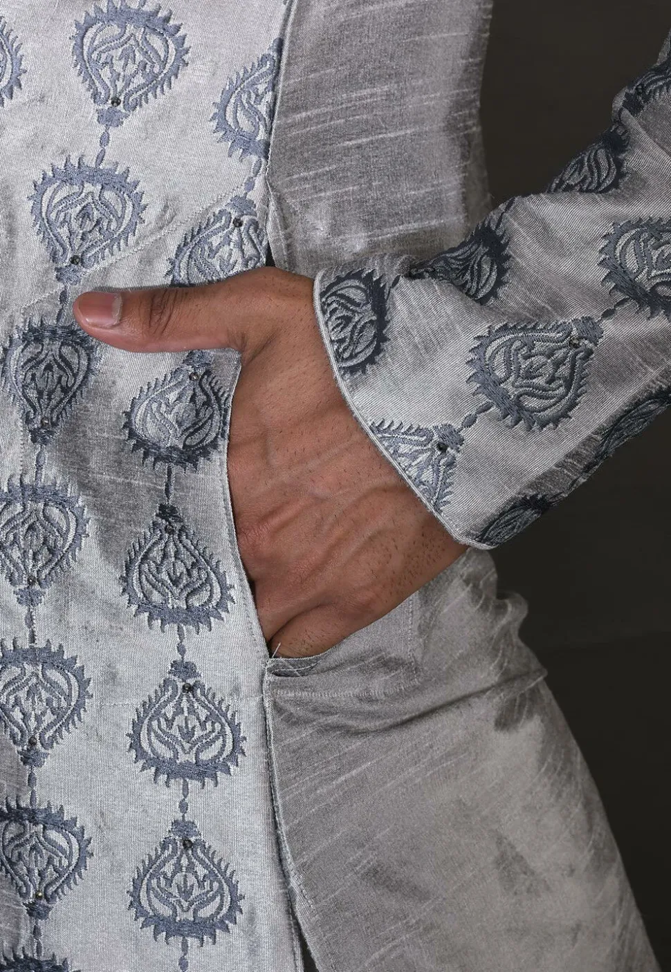 Embroidered Dupion Silk Kurta Set in Grey