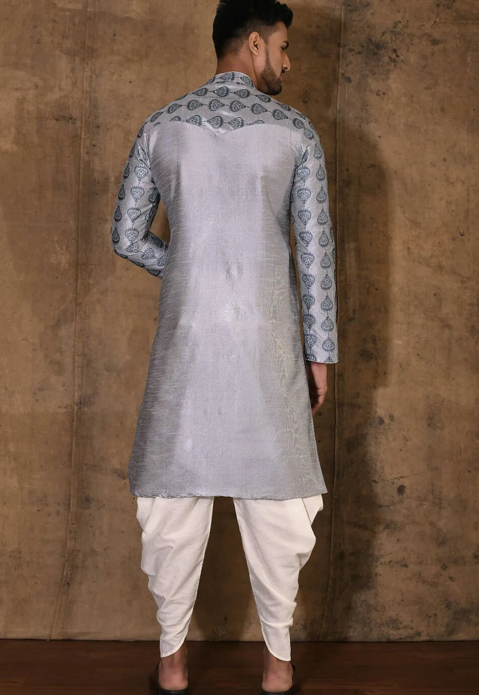 Embroidered Dupion Silk Kurta Set in Grey