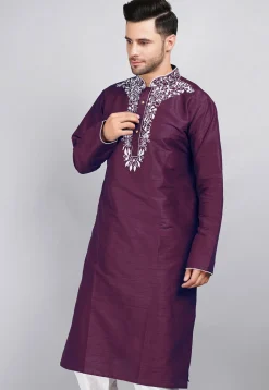 Embroidered Dupion Silk Kurta in Violet