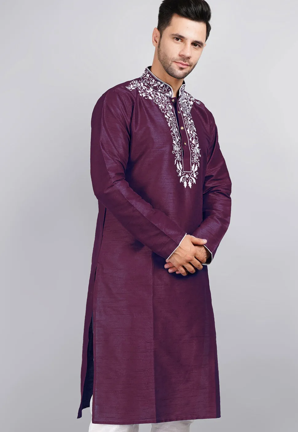 Embroidered Dupion Silk Kurta in Violet