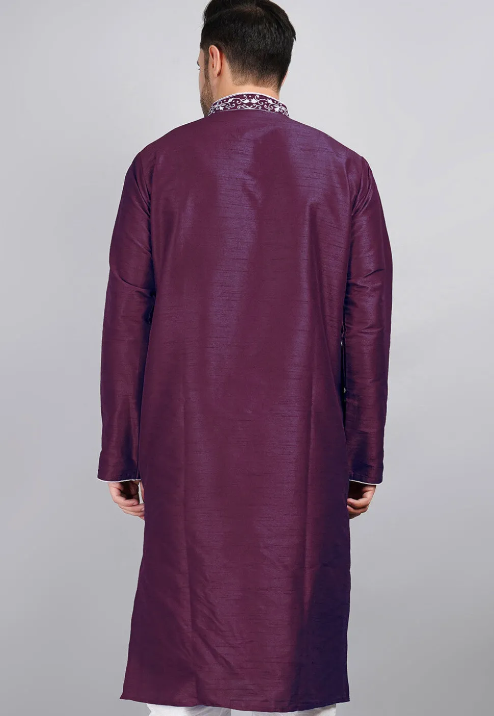 Embroidered Dupion Silk Kurta in Violet