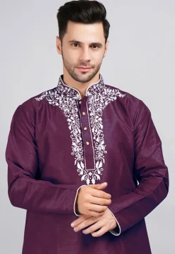 Embroidered Dupion Silk Kurta in Violet