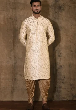 Embroidered Dupion Silk Kurta Set in Beige