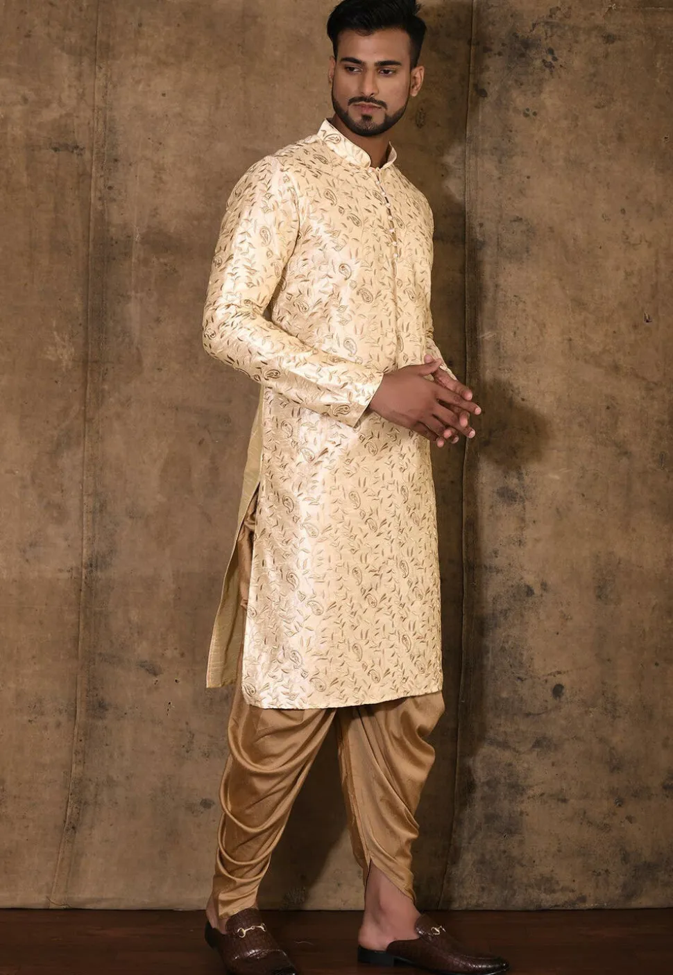 Embroidered Dupion Silk Kurta Set in Beige