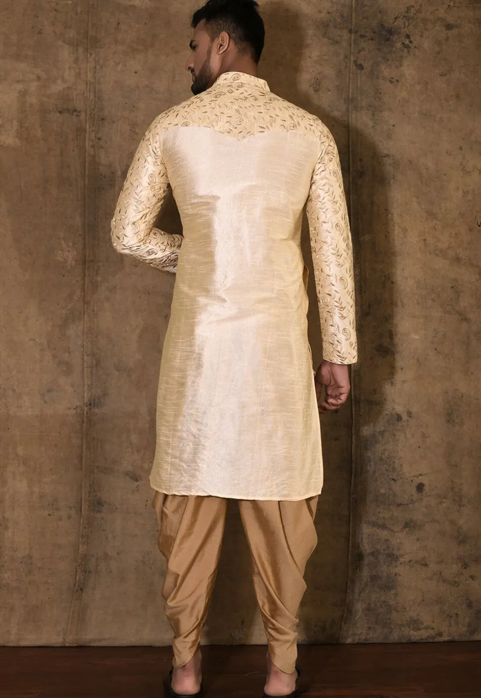 Embroidered Dupion Silk Kurta Set in Beige