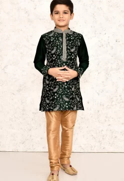 Embroidered Dupion Silk Kurta Set in Dark Green