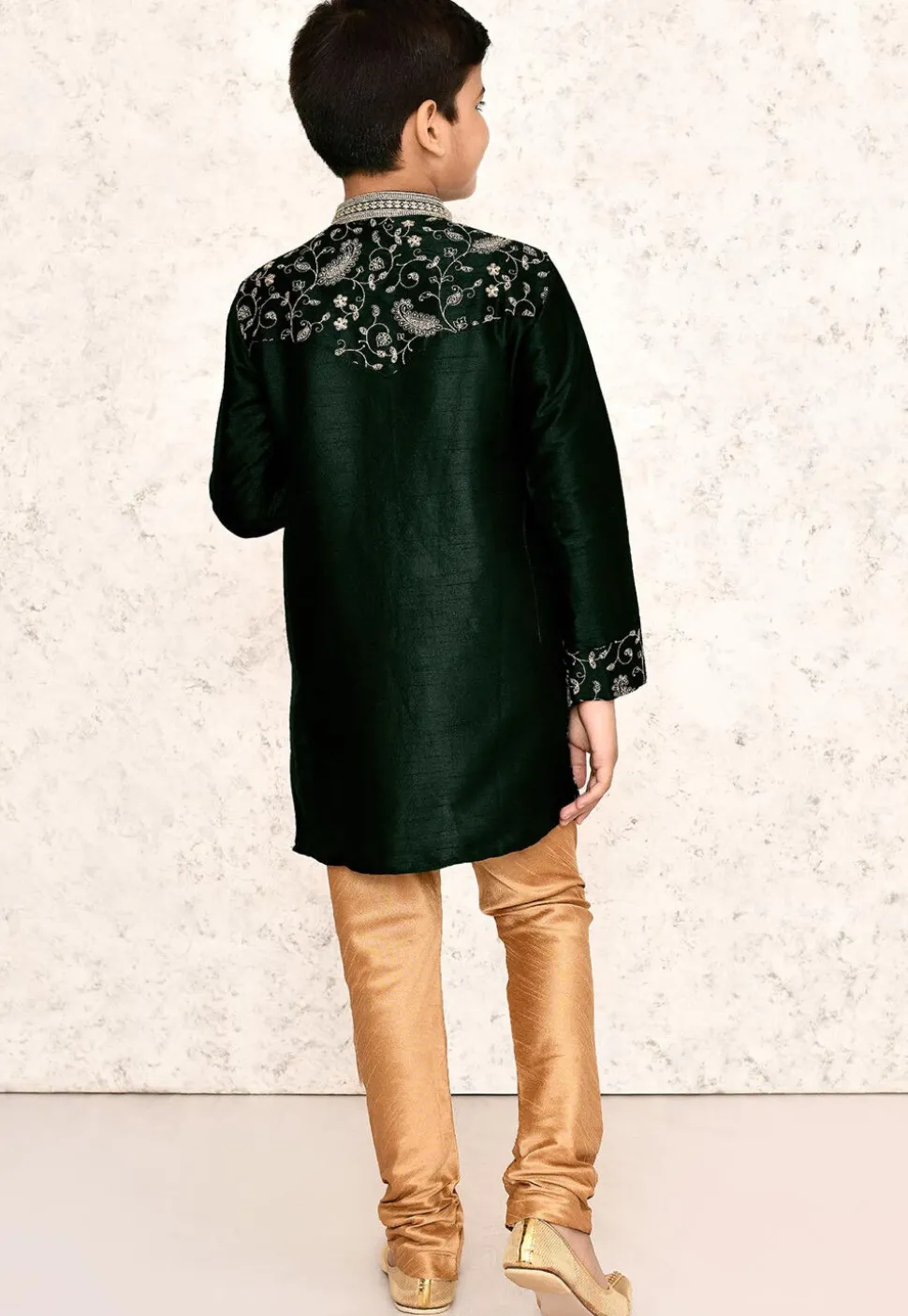 Embroidered Dupion Silk Kurta Set in Dark Green