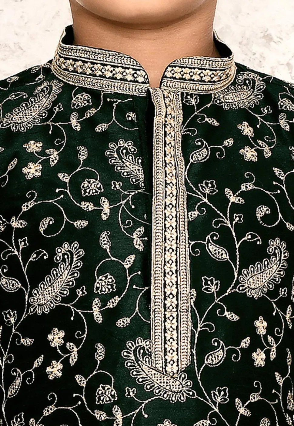 Embroidered Dupion Silk Kurta Set in Dark Green