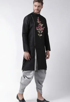 Embroidered Dupion Silk Kurta Set in Black