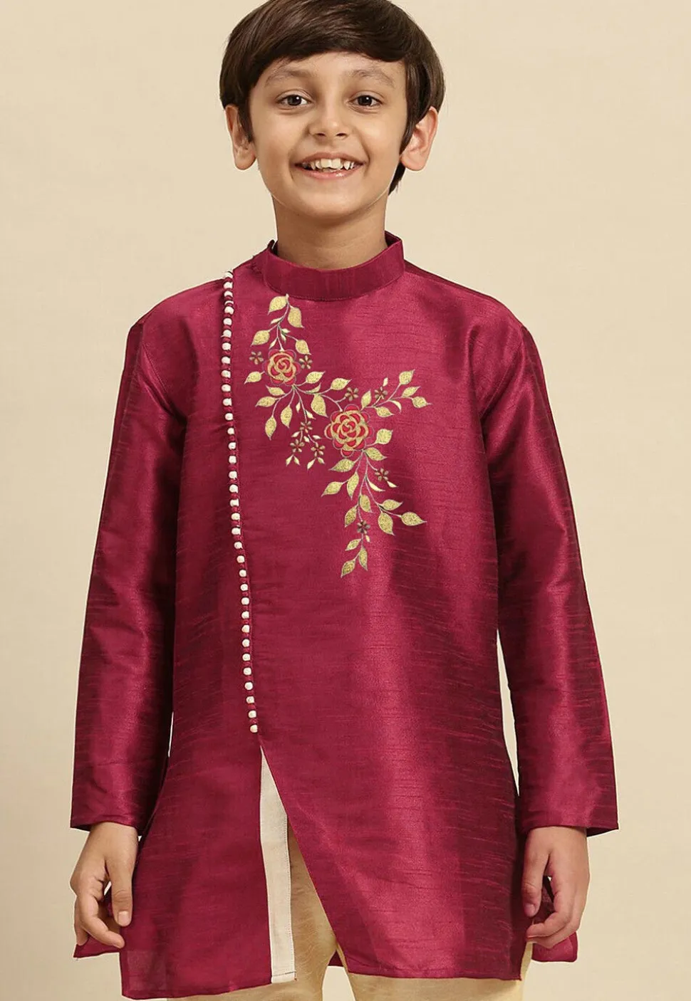 Embroidered Dupion Silk Kurta in Fuchsia