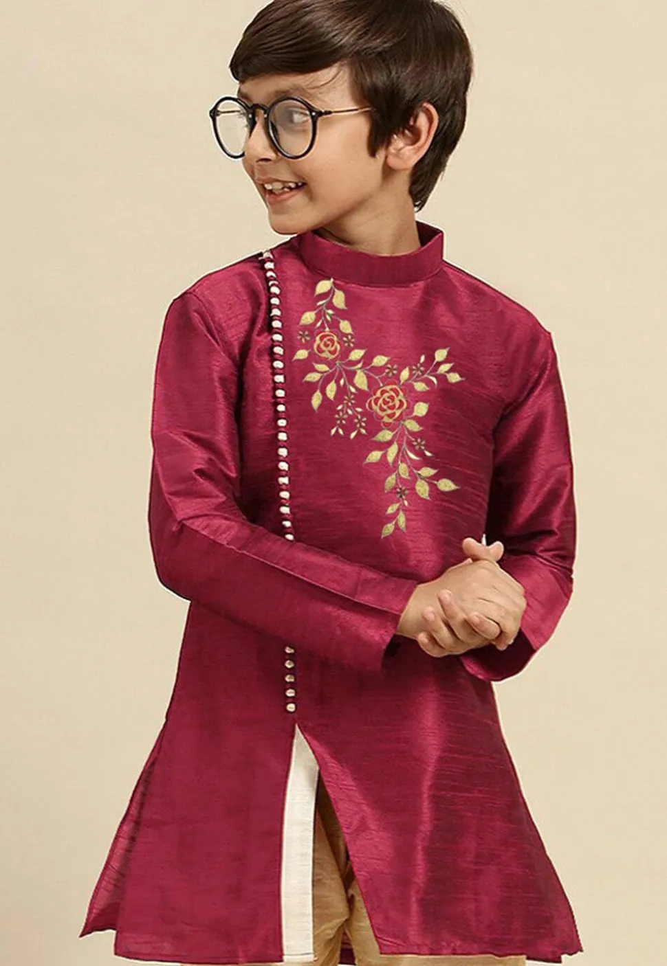 Embroidered Dupion Silk Kurta in Fuchsia