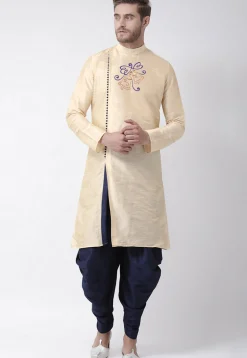 Embroidered Dupion Silk Kurta Set in Beige