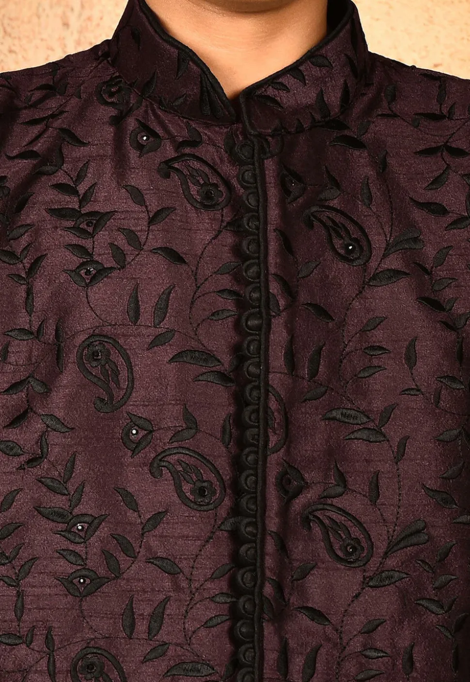 Embroidered Dupion Silk Kurta in Wine