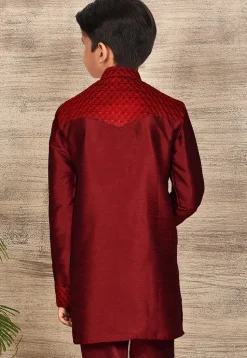 Embroidered Dupion Silk Kurta in Maroon