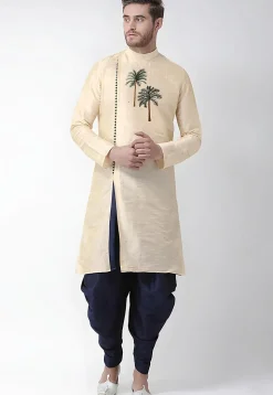 Embroidered Dupion Silk Kurta Set in Light Beige
