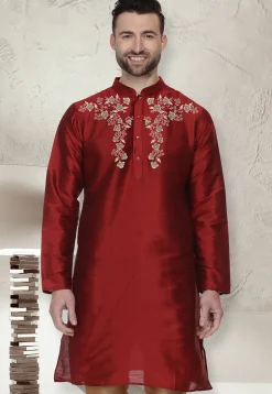 Embroidered Dupion Silk Kurta in Maroon