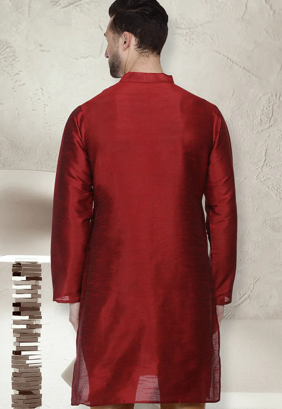 Embroidered Dupion Silk Kurta in Maroon