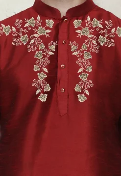 Embroidered Dupion Silk Kurta in Maroon