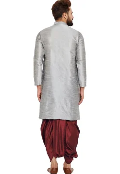 Embroidered Dupion Silk Kurta Set in Light Grey