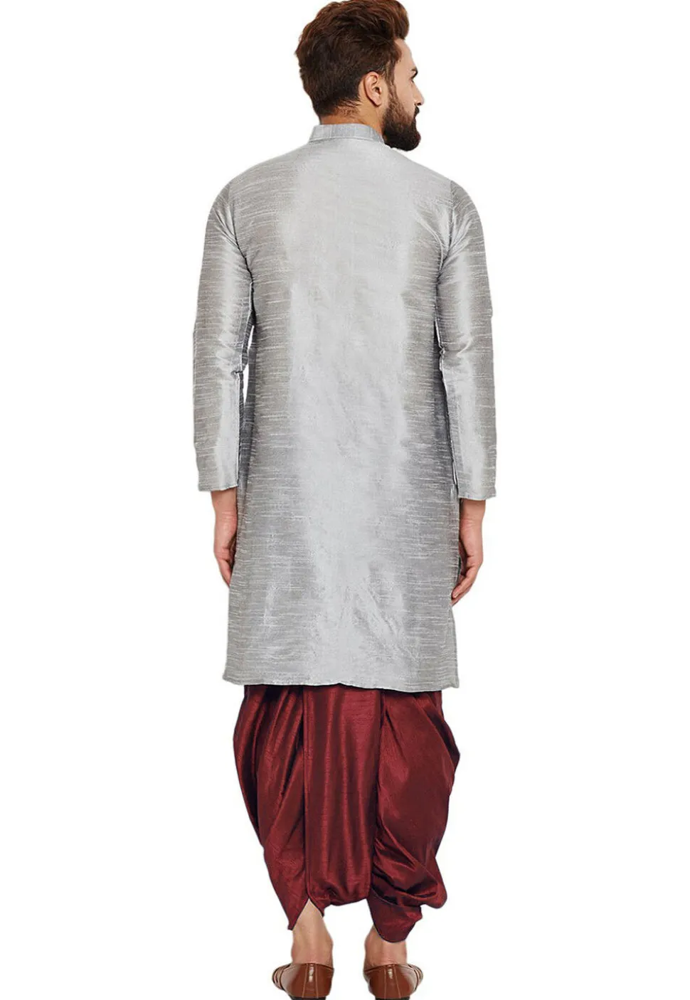 Embroidered Dupion Silk Kurta Set in Light Grey