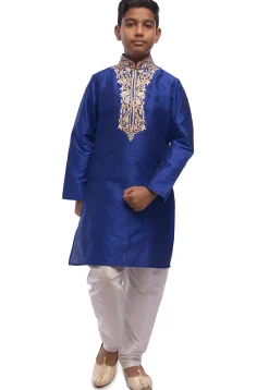 Embroidered Dupion Silk Kurta Set in Royal Blue
