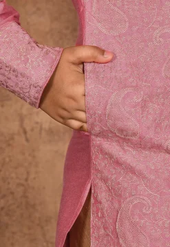Embroidered Dupion Silk Kurta Set in Dark Pink