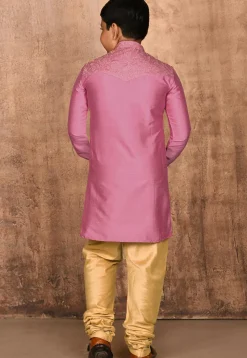 Embroidered Dupion Silk Kurta Set in Dark Pink