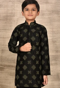 Embroidered Dupion Silk Kurta in Black