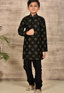 Embroidered Dupion Silk Kurta in Black