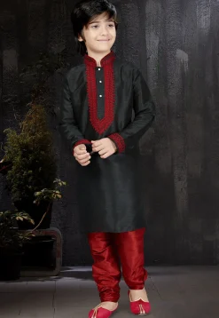 Embroidered Dupion Silk Kurta Set in Black