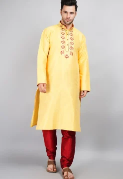 Embroidered Dupion Silk Kurta Set in Yellow