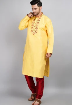 Embroidered Dupion Silk Kurta Set in Yellow