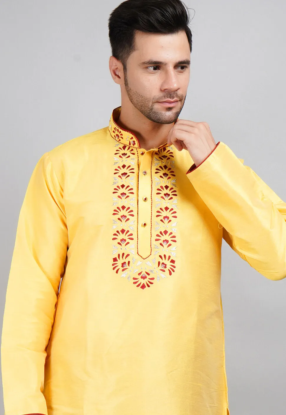 Embroidered Dupion Silk Kurta Set in Yellow