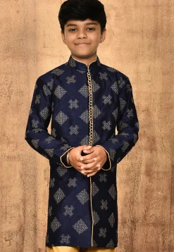Embroidered Dupion Silk Kurta in Navy Blue