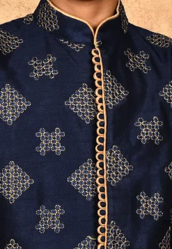 Embroidered Dupion Silk Kurta in Navy Blue