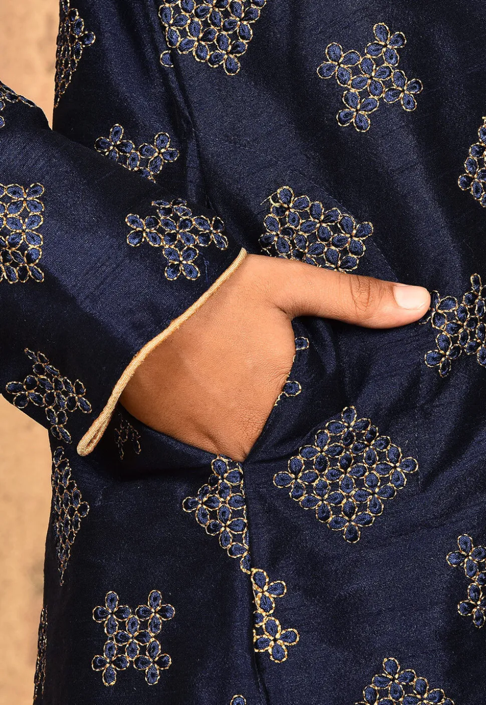 Embroidered Dupion Silk Kurta in Navy Blue