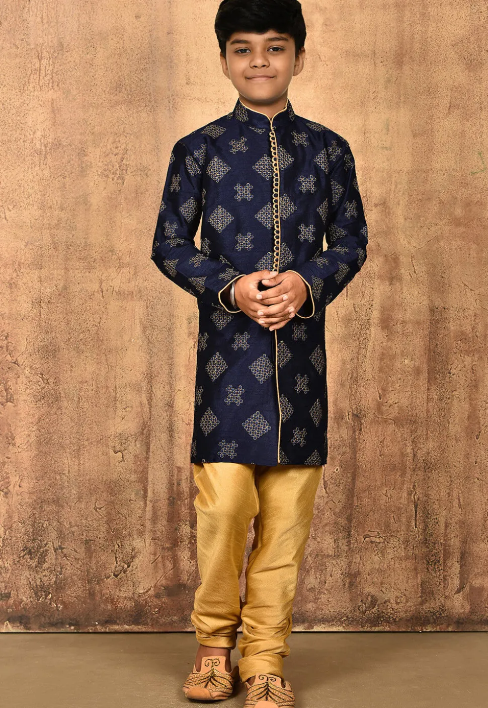 Embroidered Dupion Silk Kurta in Navy Blue