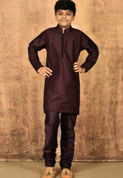 Embroidered Dupion Silk Kurta Set in Wine
