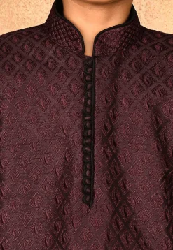 Embroidered Dupion Silk Kurta Set in Wine