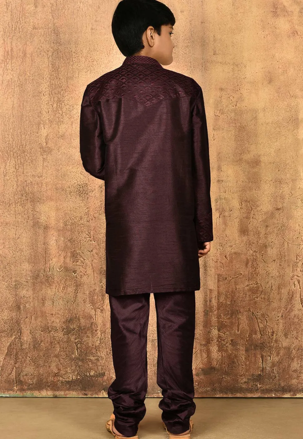 Embroidered Dupion Silk Kurta Set in Wine