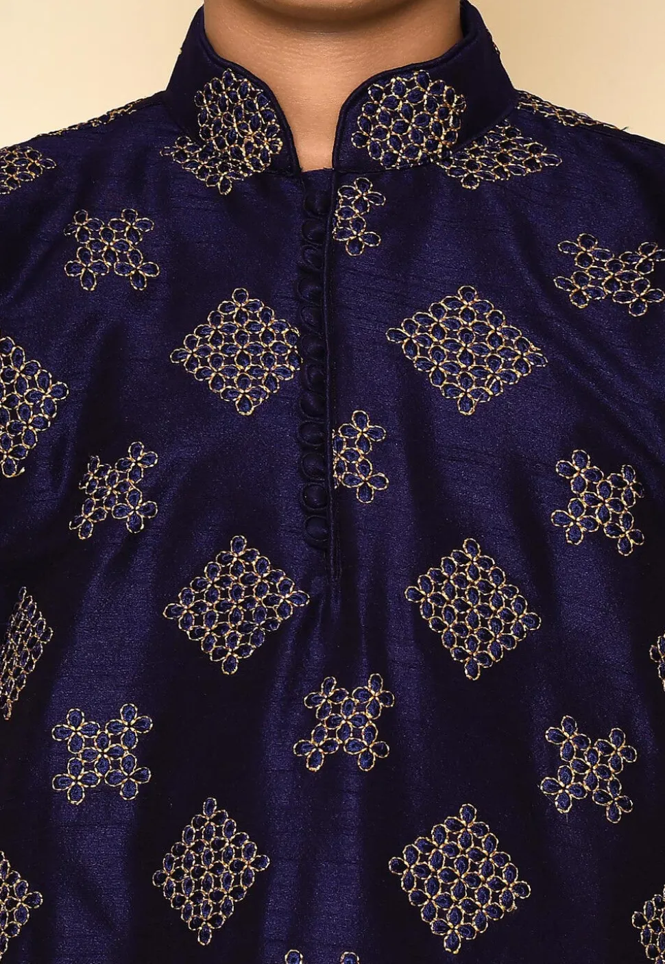 Embroidered Dupion Silk Kurta in Navy Blue