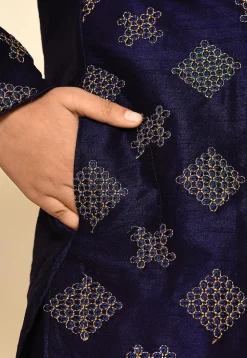 Embroidered Dupion Silk Kurta in Navy Blue