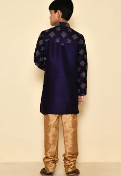 Embroidered Dupion Silk Kurta in Navy Blue