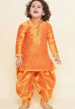 Embroidered Dupion Silk Kurta Set in Orange