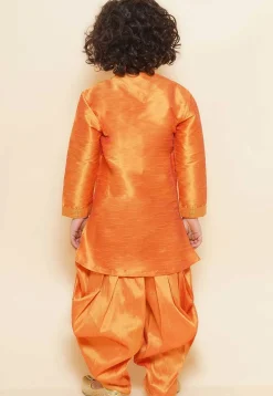 Embroidered Dupion Silk Kurta Set in Orange
