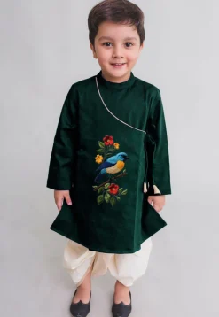 Embroidered Dupion Silk Kurta Set in Dark Green