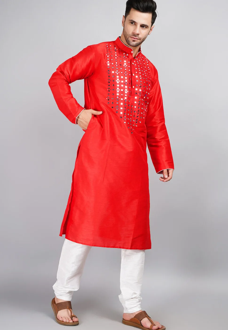 Embroidered Dupion Silk Kurta Set in Red