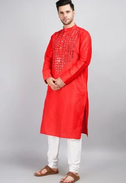 Embroidered Dupion Silk Kurta Set in Red