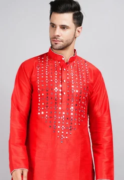 Embroidered Dupion Silk Kurta Set in Red